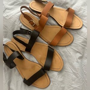 J. Crew Black Brown Tan Strappy Ankle Strap Sandals Pebbled Leather size 10